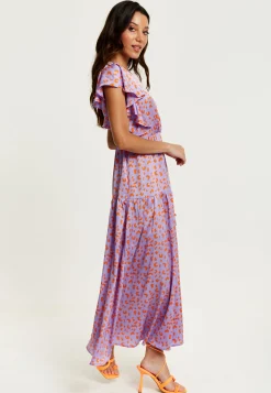 Women's Maxi Dress in Lilac and Orange with Flouncy Sleeves, Cheetah Print Wrap Style by Liquorish