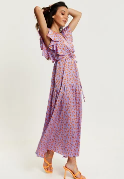 Women's Maxi Dress in Lilac and Orange with Flouncy Sleeves, Cheetah Print Wrap Style by Liquorish