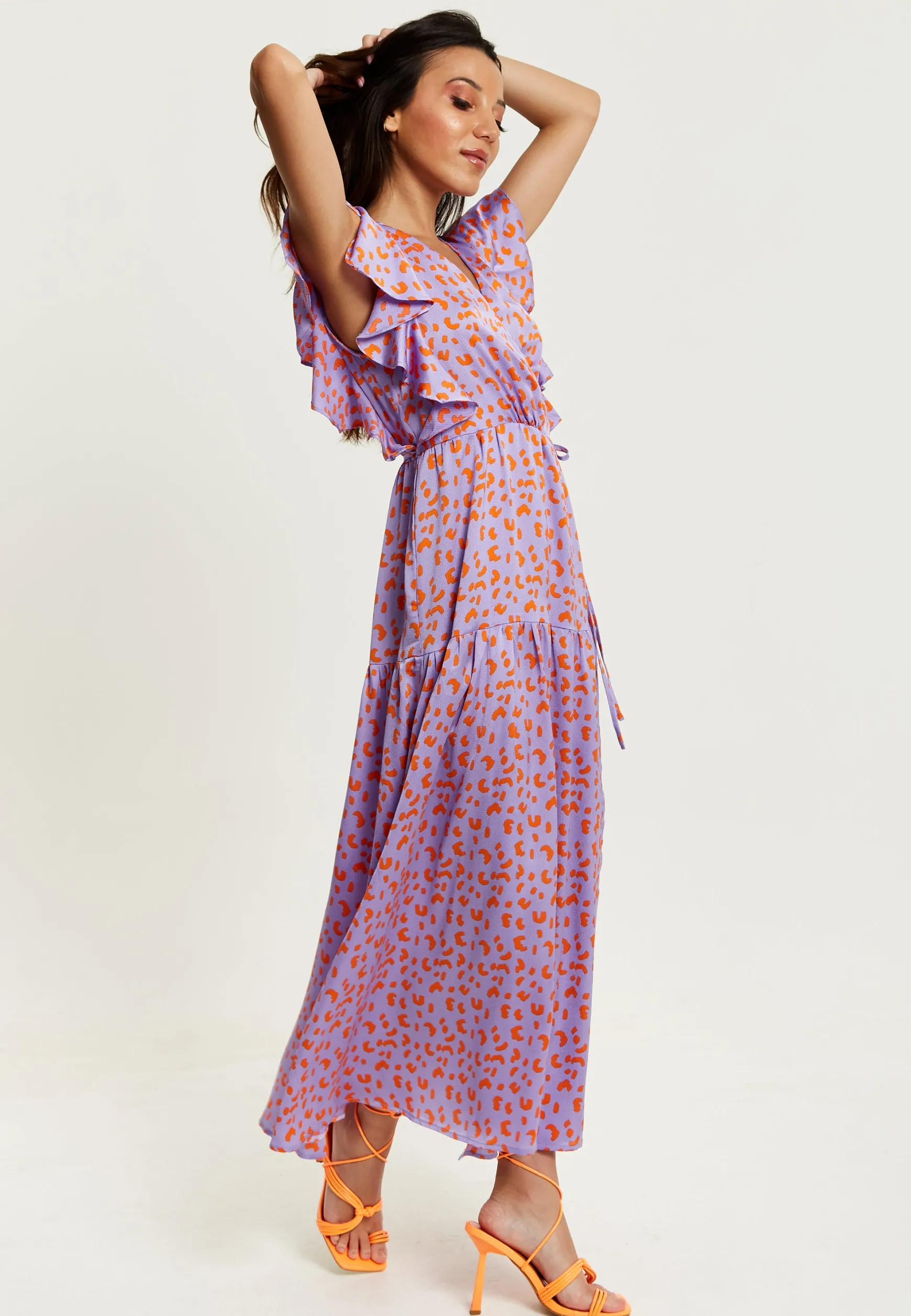 Women's Maxi Dress in Lilac and Orange with Flouncy Sleeves, Cheetah Print Wrap Style by Liquorish