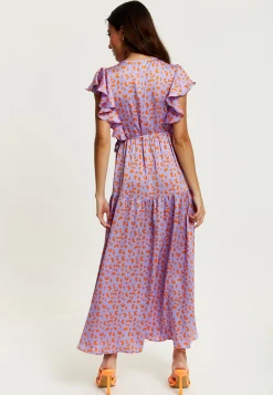 Women's Maxi Dress in Lilac and Orange with Flouncy Sleeves, Cheetah Print Wrap Style by Liquorish