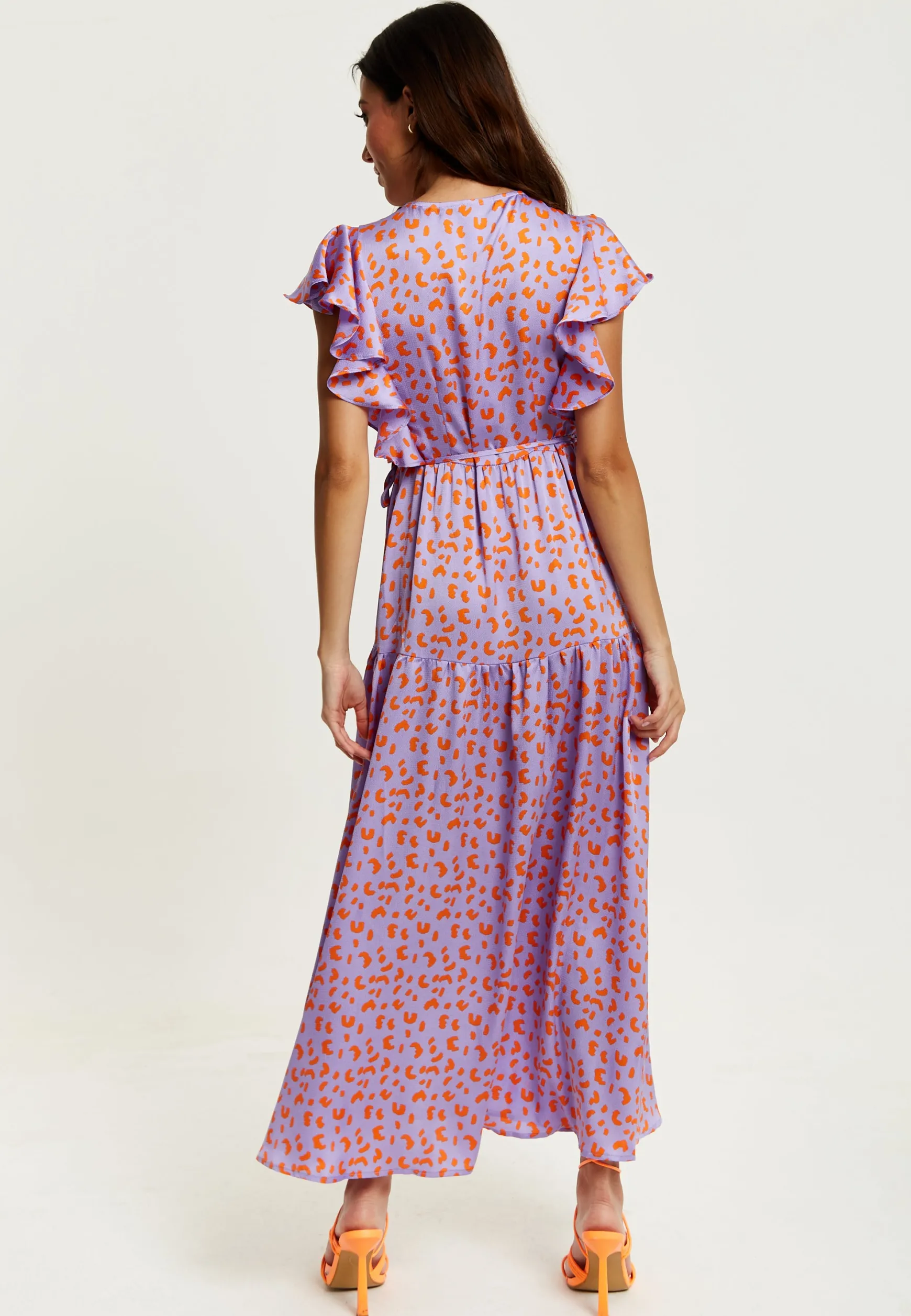 Women's Maxi Dress in Lilac and Orange with Flouncy Sleeves, Cheetah Print Wrap Style by Liquorish