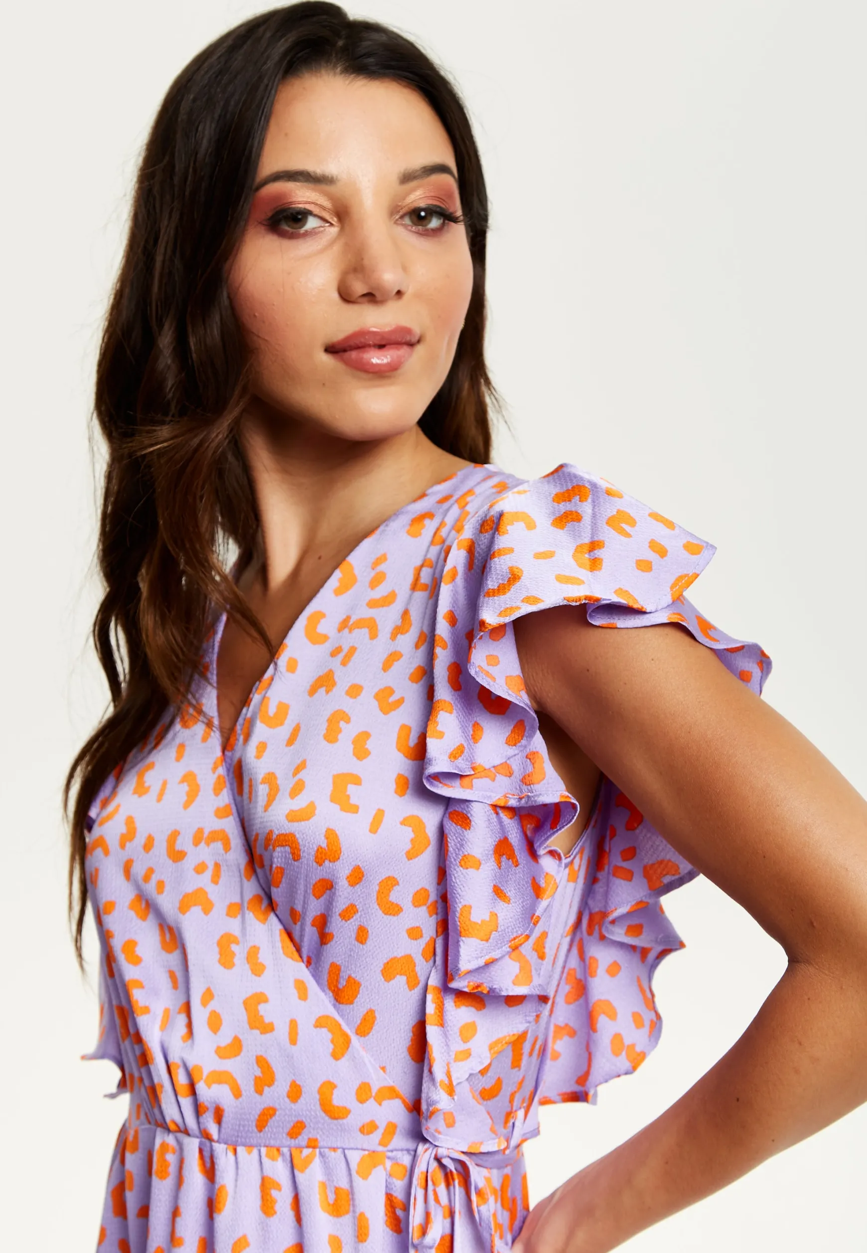 Women's Maxi Dress in Lilac and Orange with Flouncy Sleeves, Cheetah Print Wrap Style by Liquorish
