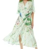 Women's Maxi Dress in Mint Green with V-Neck, Tie Waist, Kimono Sleeves and Green Lace Details - Liquorish