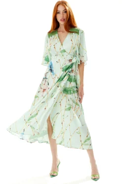 Women's Maxi Dress in Mint Green with V-Neck, Tie Waist, Kimono Sleeves and Green Lace Details - Liquorish