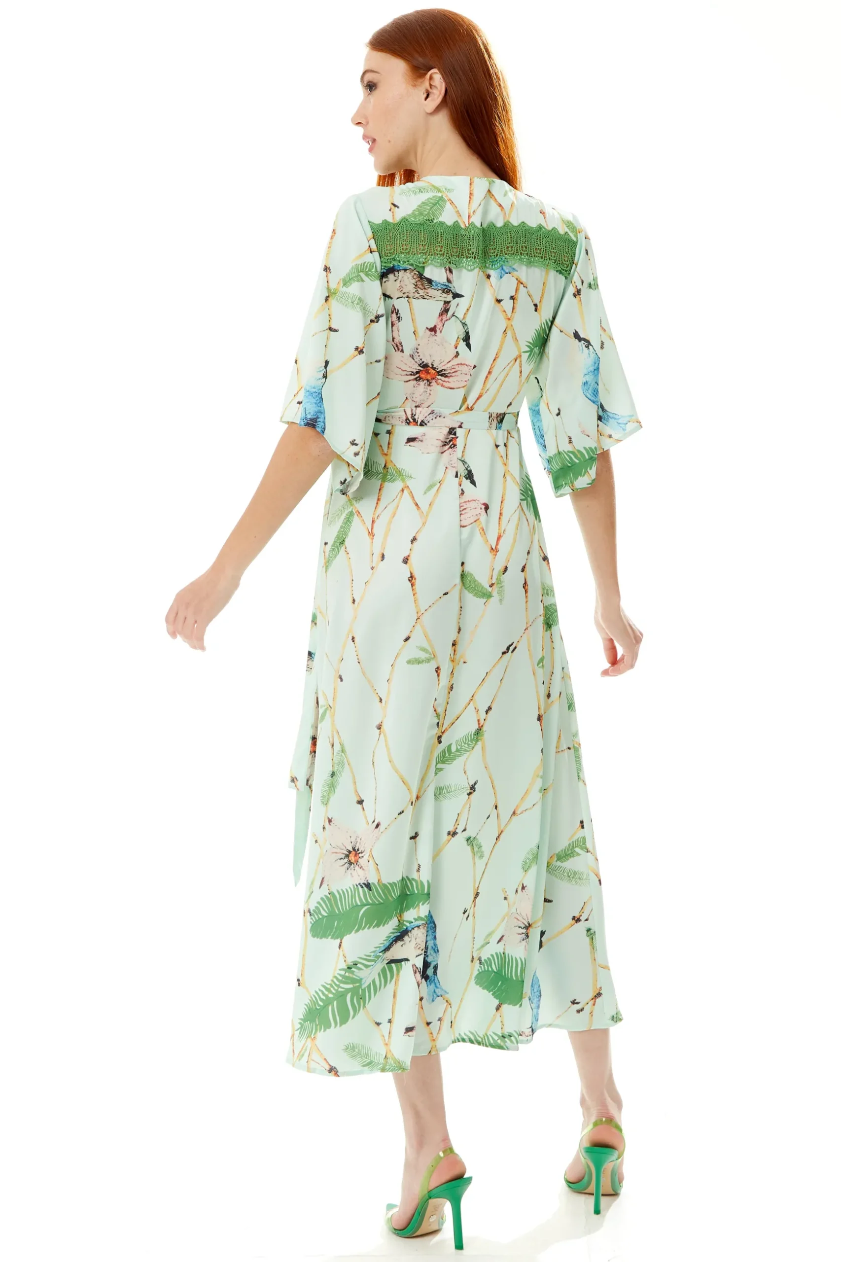 Women's Maxi Dress in Mint Green with V-Neck, Tie Waist, Kimono Sleeves and Green Lace Details - Liquorish