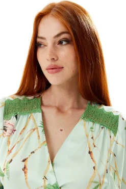 Women's Maxi Dress in Mint Green with V-Neck, Tie Waist, Kimono Sleeves and Green Lace Details - Liquorish