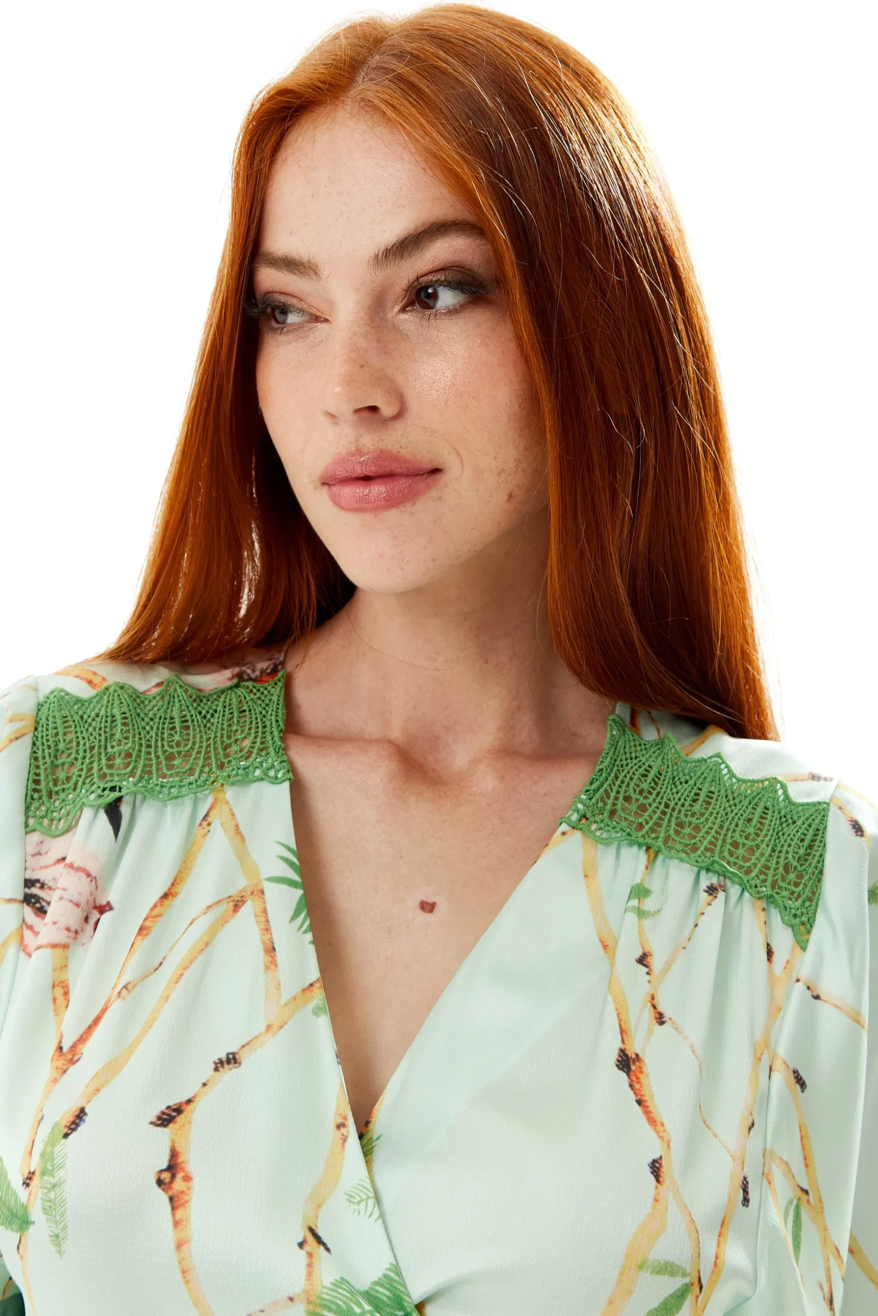 Women's Maxi Dress in Mint Green with V-Neck, Tie Waist, Kimono Sleeves and Green Lace Details - Liquorish