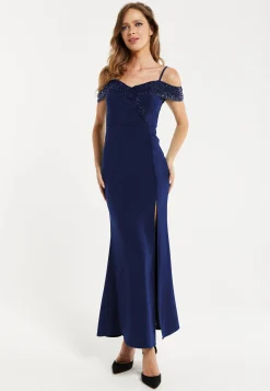 Women's Maxi Dress in Navy with Off-Shoulder Design, Thigh-High Slit & Sequin Detail by Liquorish