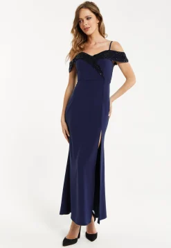 Women's Maxi Dress in Navy with Off-Shoulder Design, Thigh-High Slit & Sequin Detail by Liquorish