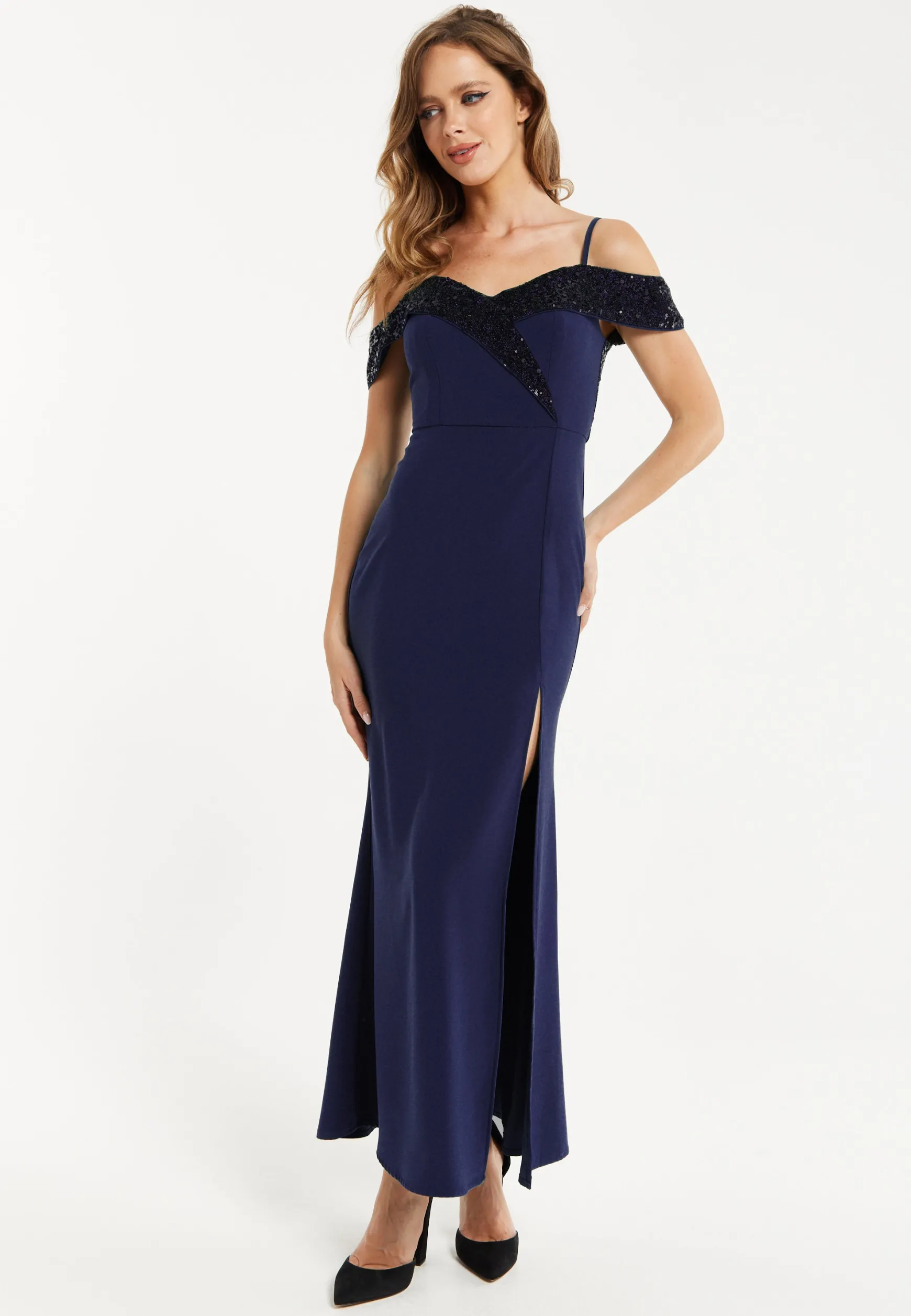 Women's Maxi Dress in Navy with Off-Shoulder Design, Thigh-High Slit & Sequin Detail by Liquorish