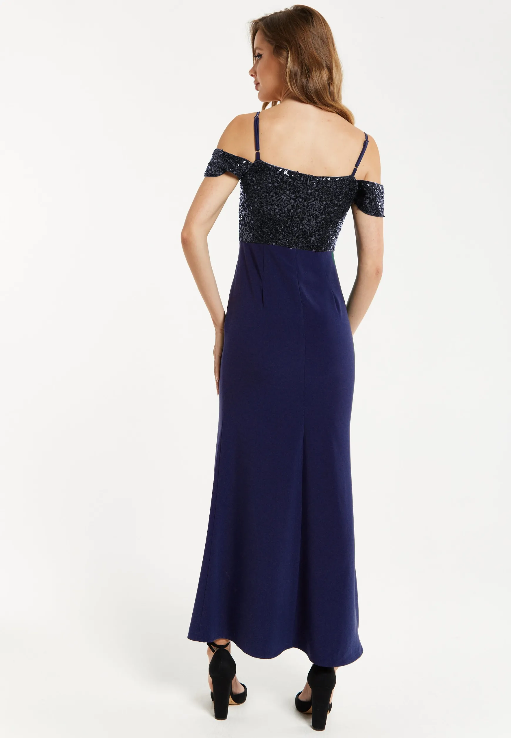 Women's Maxi Dress in Navy with Off-Shoulder Design, Thigh-High Slit & Sequin Detail by Liquorish