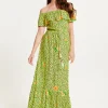 Women's Maxi Dress in Neon Green with Off Shoulder Sleeves and Tie Waist Detail - Liquorish