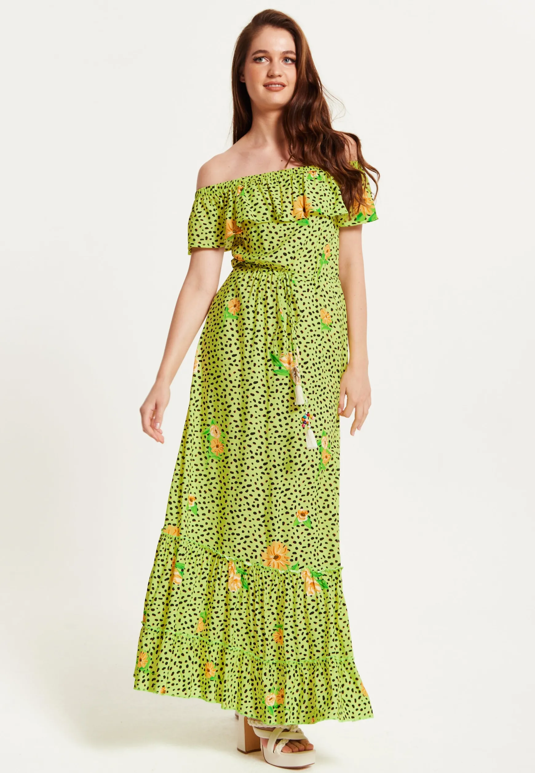 Women's Maxi Dress in Neon Green with Off Shoulder Sleeves and Tie Waist Detail - Liquorish