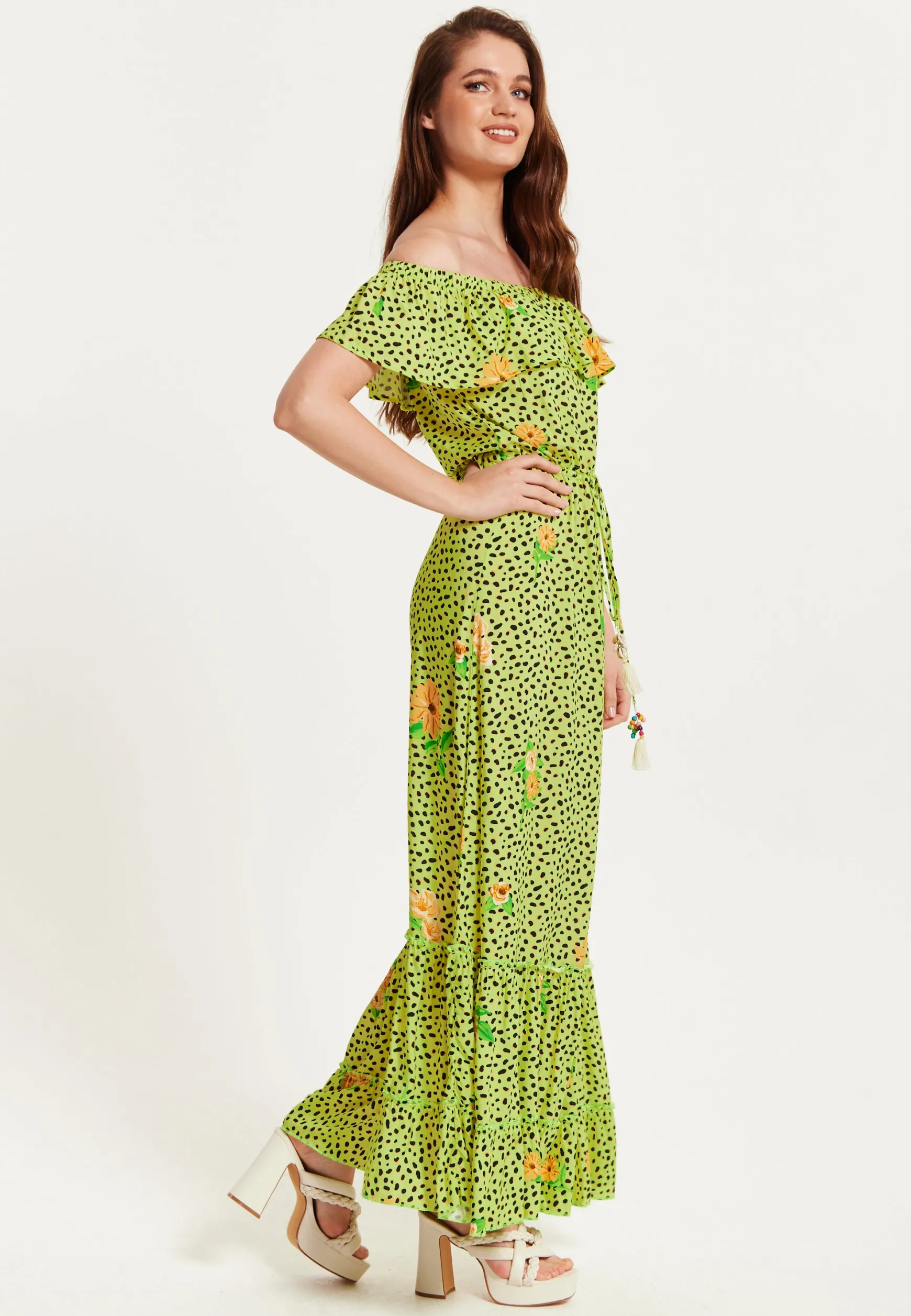 Women's Maxi Dress in Neon Green with Off Shoulder Sleeves and Tie Waist Detail - Liquorish