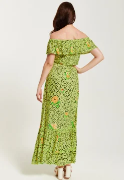 Women's Maxi Dress in Neon Green with Off Shoulder Sleeves and Tie Waist Detail - Liquorish