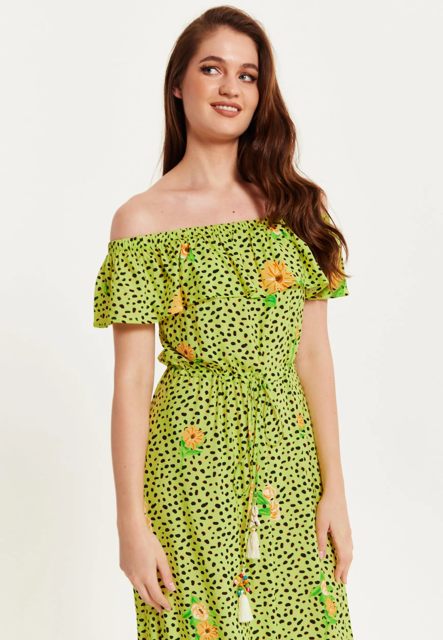 Women's Maxi Dress in Neon Green with Off Shoulder Sleeves and Tie Waist Detail - Liquorish