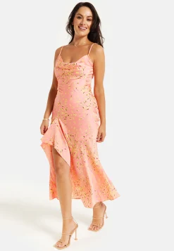 Women’s Maxi Dress in Peach with Cowl Neck, Spaghetti Straps, and Abstract Animal Print