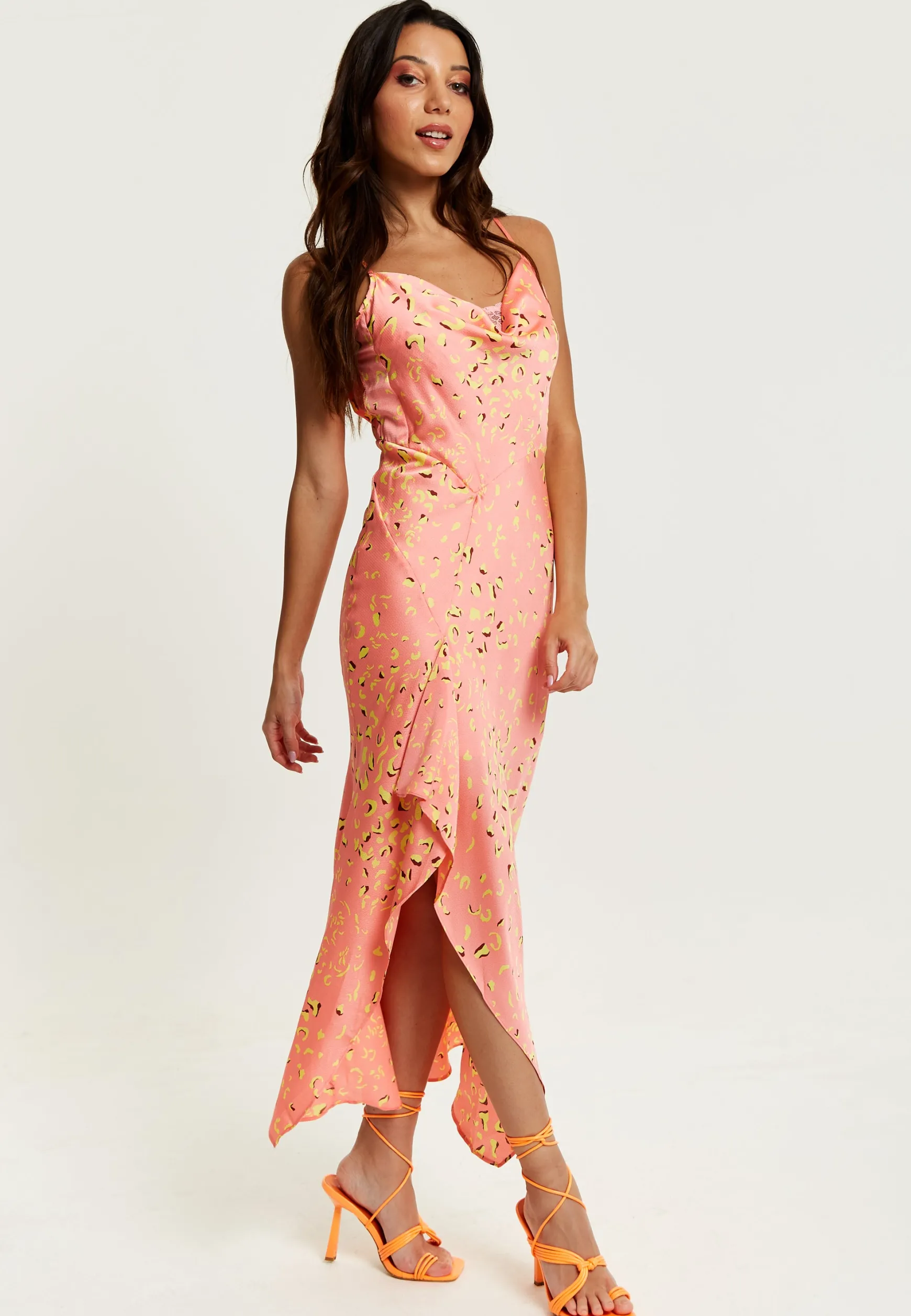Women’s Maxi Dress in Peach with Cowl Neck, Spaghetti Straps, and Abstract Animal Print