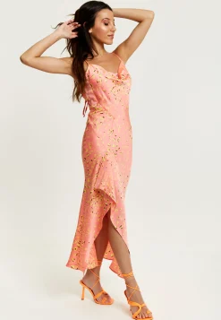 Women’s Maxi Dress in Peach with Cowl Neck, Spaghetti Straps, and Abstract Animal Print