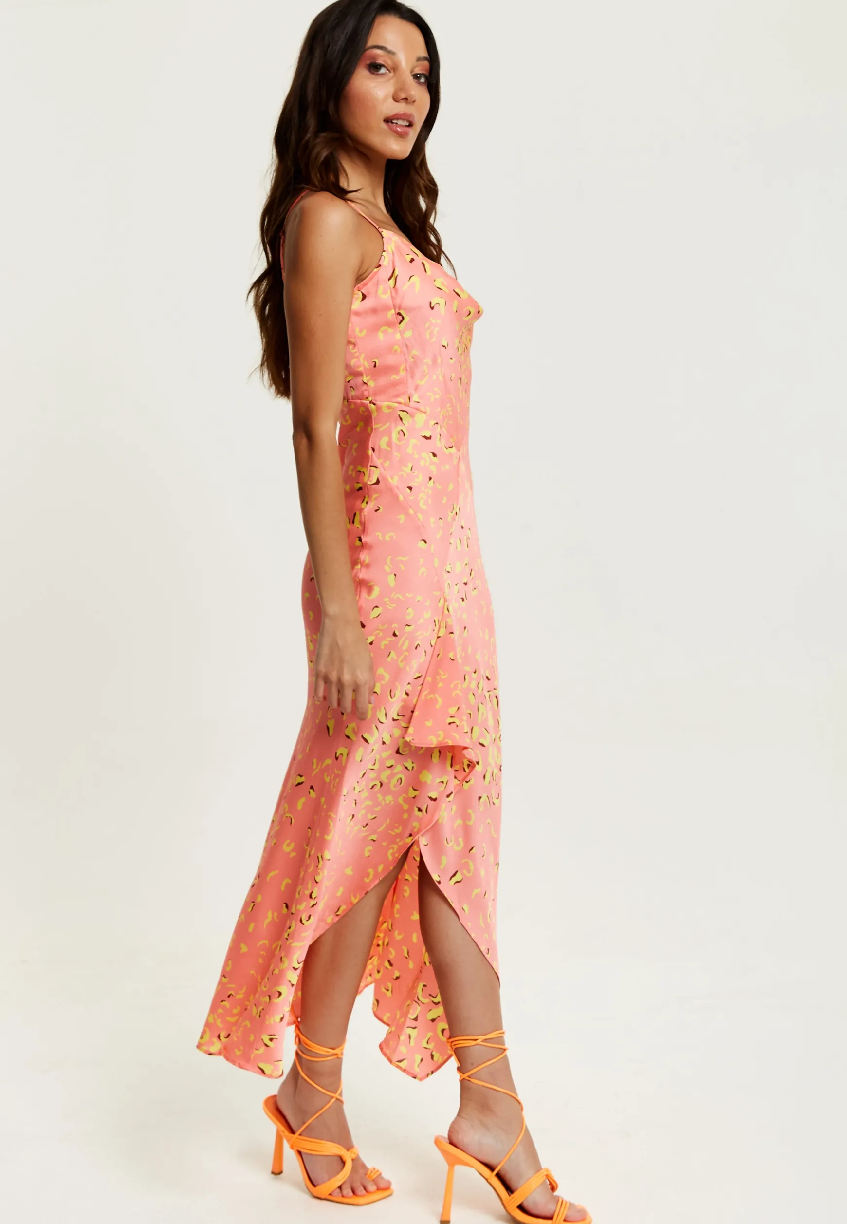 Women’s Maxi Dress in Peach with Cowl Neck, Spaghetti Straps, and Abstract Animal Print