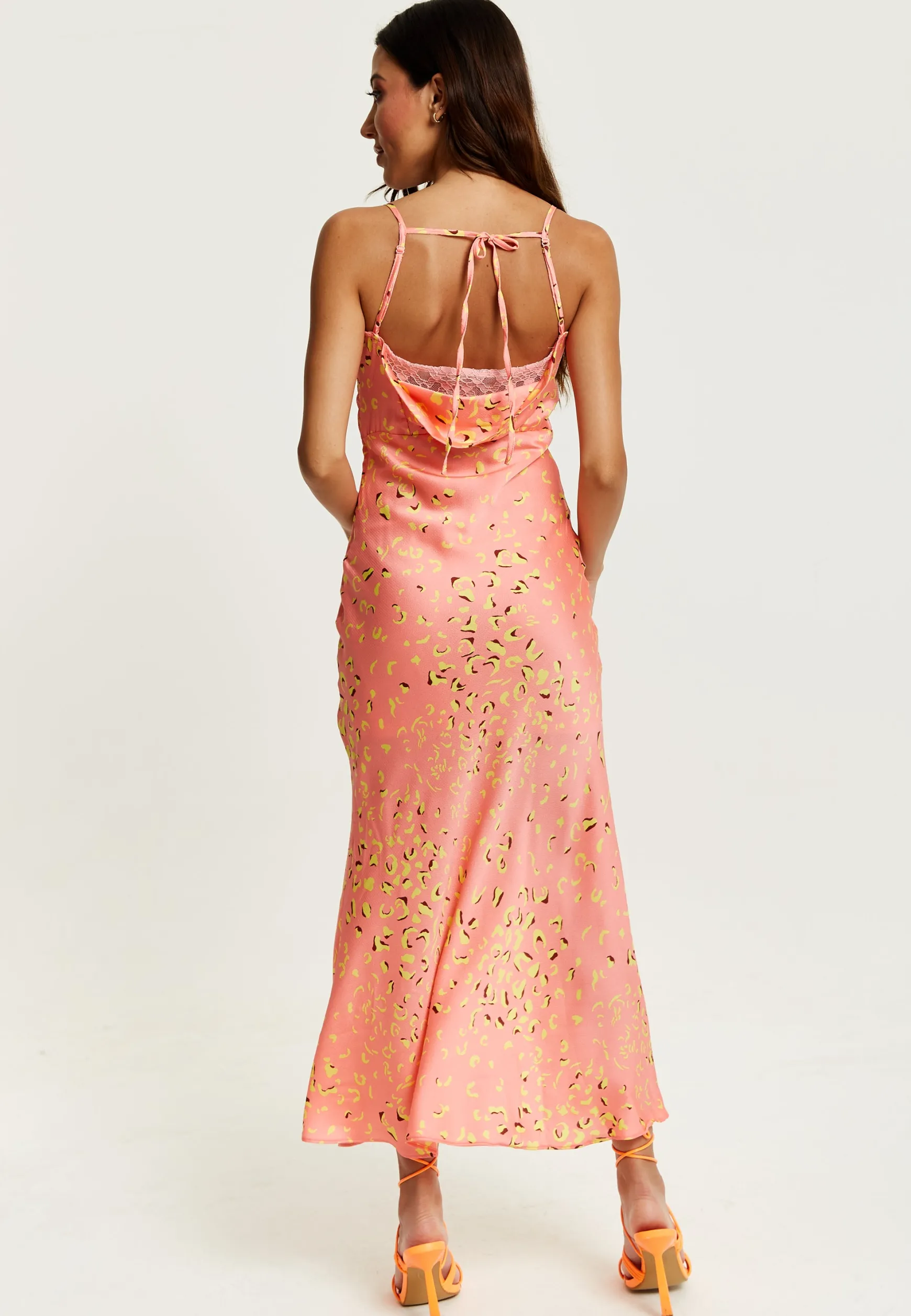 Women’s Maxi Dress in Peach with Cowl Neck, Spaghetti Straps, and Abstract Animal Print