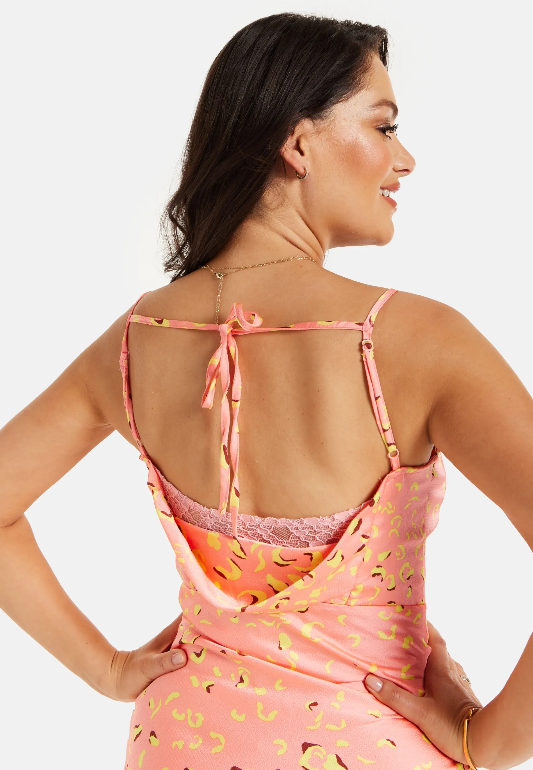 Women’s Maxi Dress in Peach with Cowl Neck, Spaghetti Straps, and Abstract Animal Print