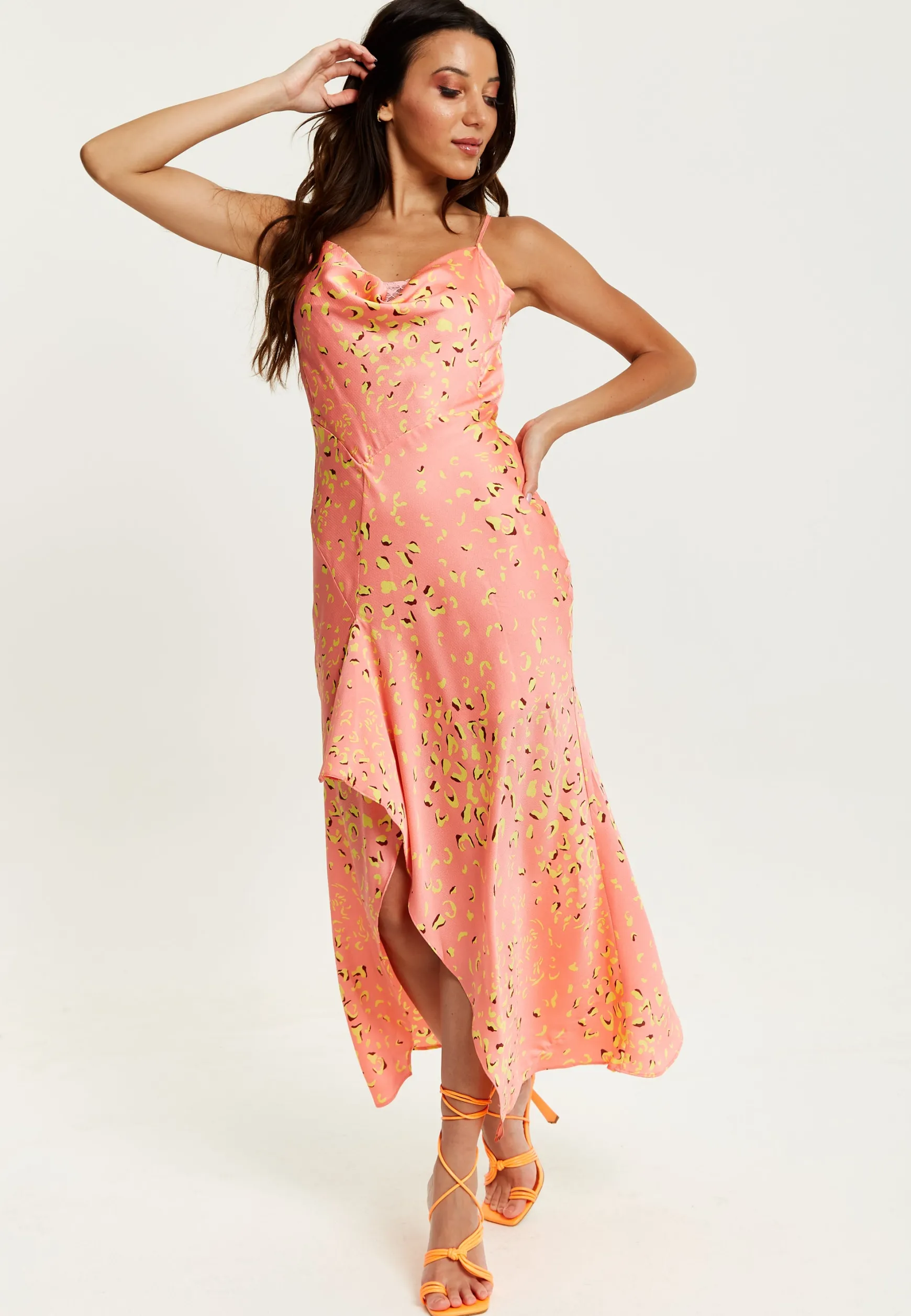 Women’s Maxi Dress in Peach with Cowl Neck, Spaghetti Straps, and Abstract Animal Print