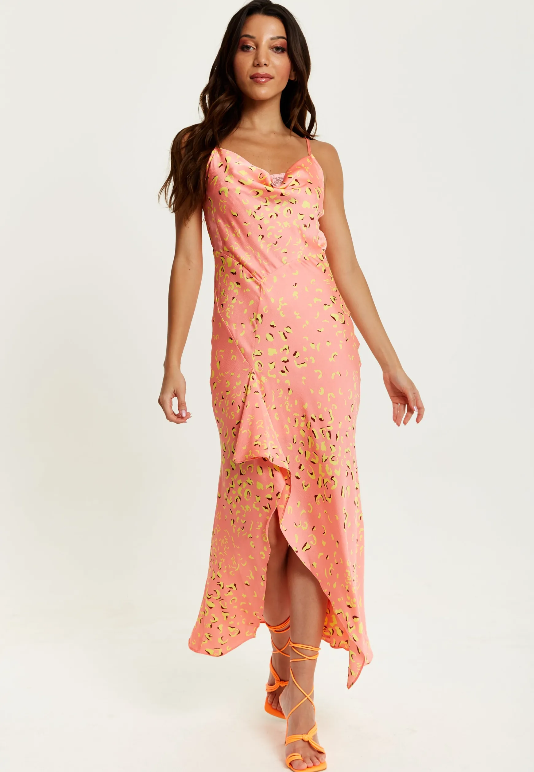 Women’s Maxi Dress in Peach with Cowl Neck, Spaghetti Straps, and Abstract Animal Print