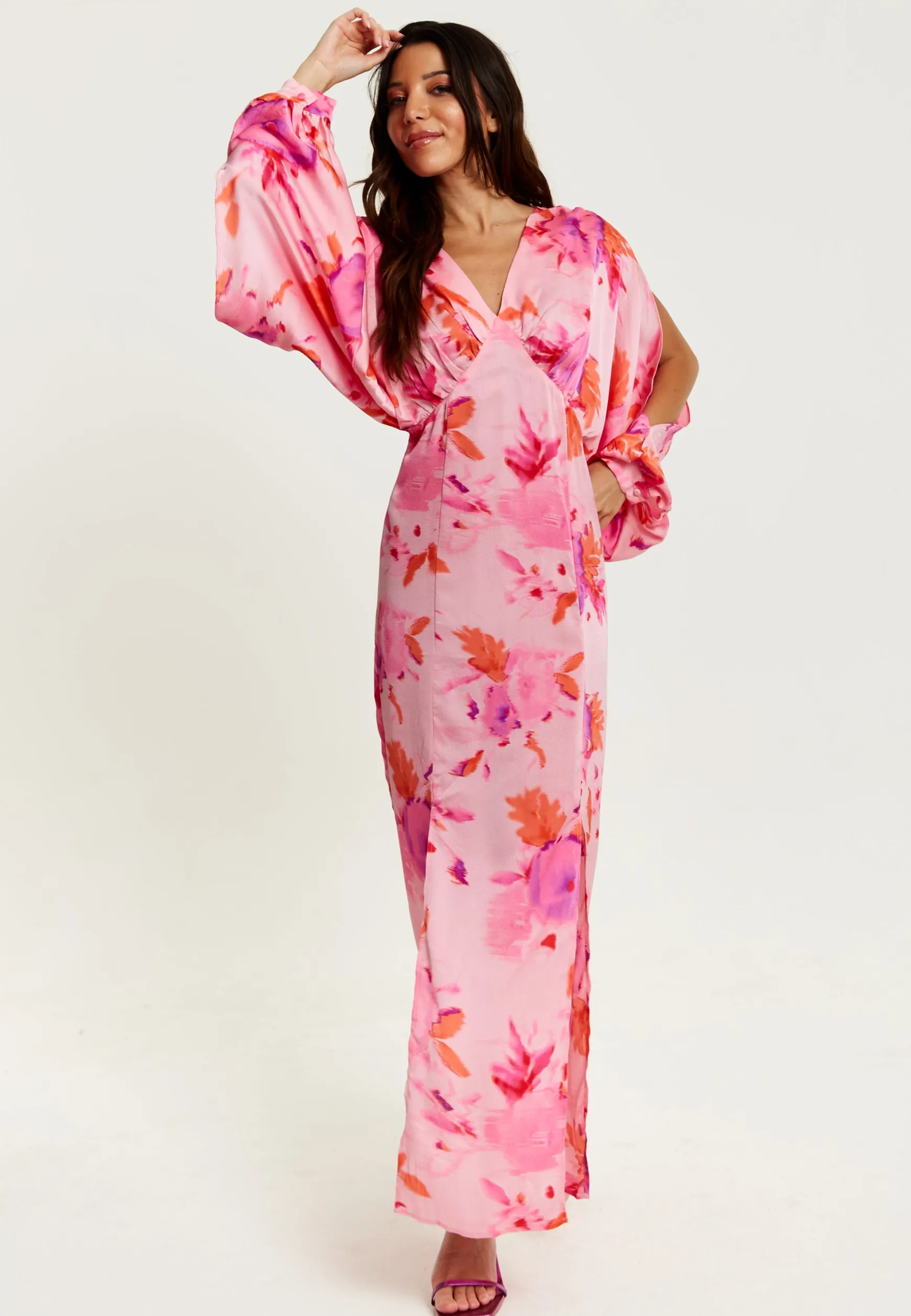 Women's Maxi Dress in Pink with Sleeve Slits and Floral Print, Elegant Design by Liquorish