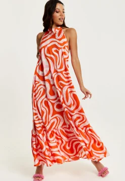 Women's Maxi Dress in Pink and Red Abstract Print, Sleeveless Halter Neck Smock Style, Effortless Elegance by Liquorish