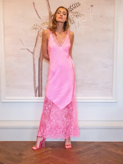 Women's Maxi Dress in Pink, Lace Detailed V-Neck, Sleeveless Design, Effortless Elegance by Liquorish