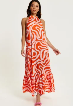 Women's Maxi Dress in Pink and Red Abstract Print, Sleeveless Halter Neck Smock Style, Effortless Elegance by Liquorish