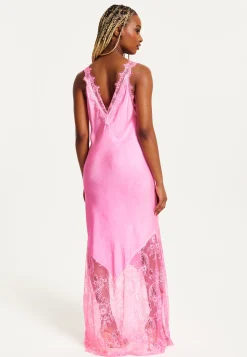 Women's Maxi Dress in Pink, Lace Detailed V-Neck, Sleeveless Design, Effortless Elegance by Liquorish