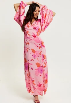 Women's Maxi Dress in Pink with Sleeve Slits and Floral Print, Elegant Design by Liquorish