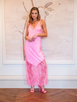 Women's Maxi Dress in Pink, Lace Detailed V-Neck, Sleeveless Design, Effortless Elegance by Liquorish