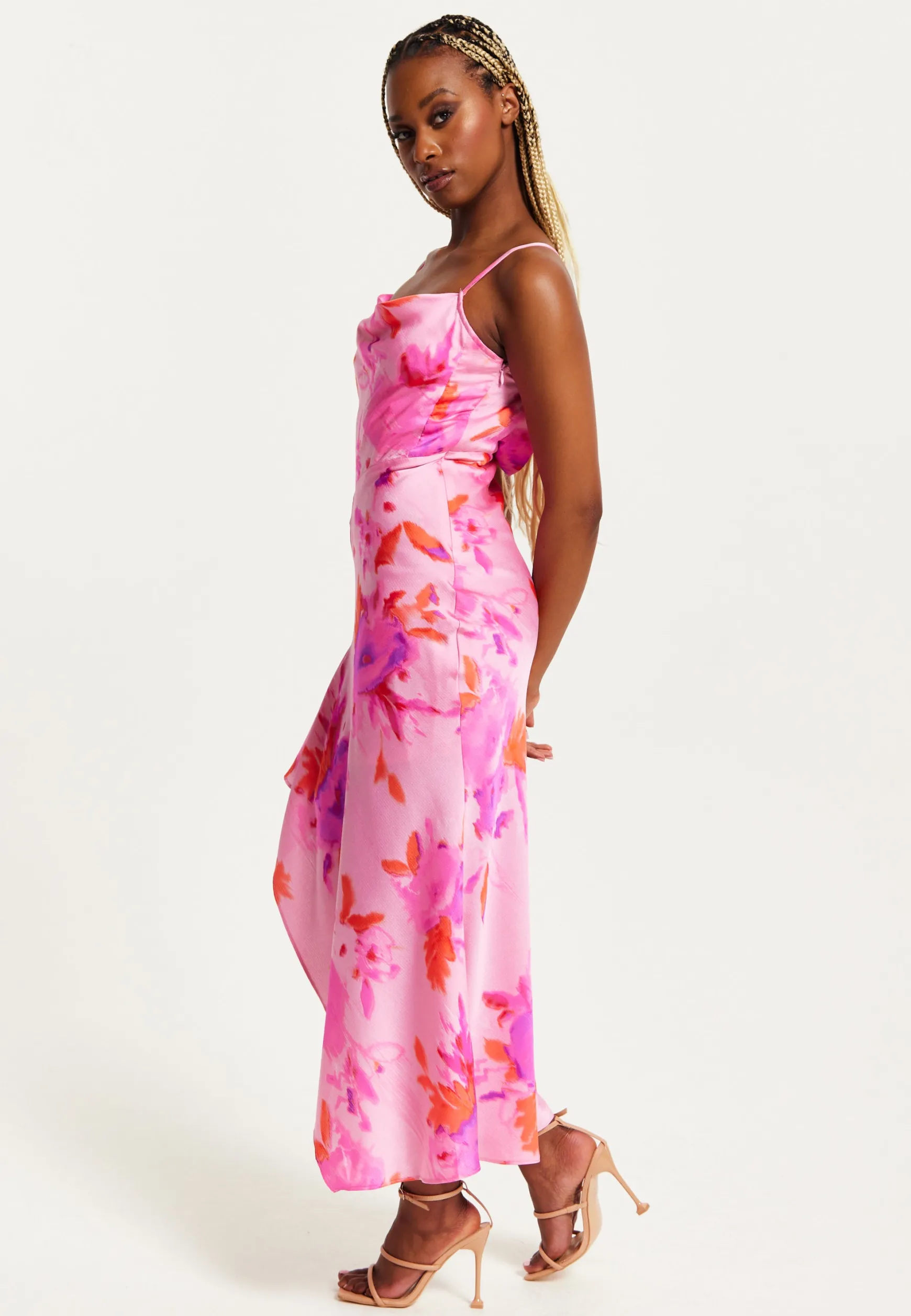Women's Maxi Dress in Pink with Cowl Neck, Floral Print, Lace Detail, Front Slit, and Regular Fit by Liquorish