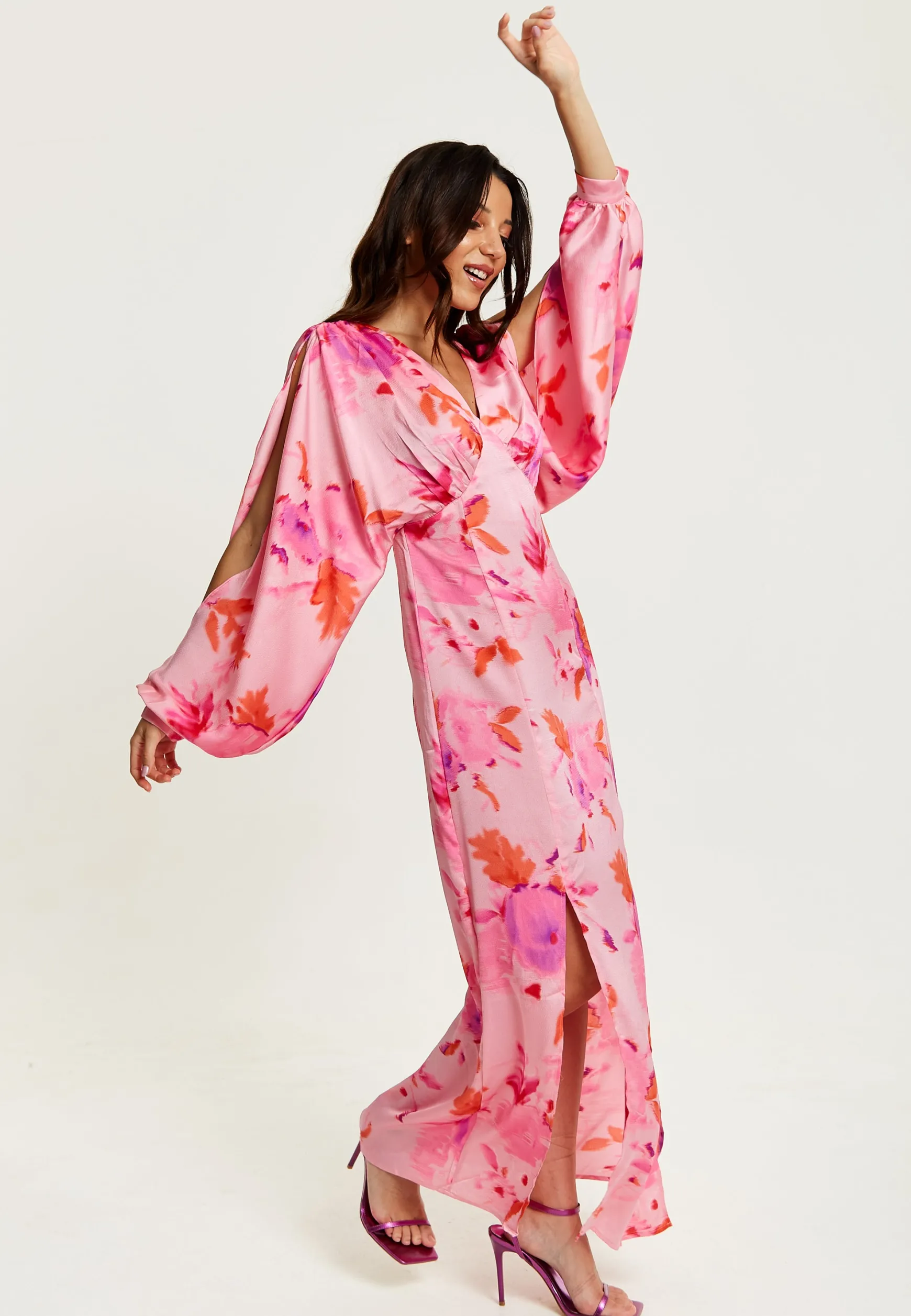 Women's Maxi Dress in Pink with Sleeve Slits and Floral Print, Elegant Design by Liquorish