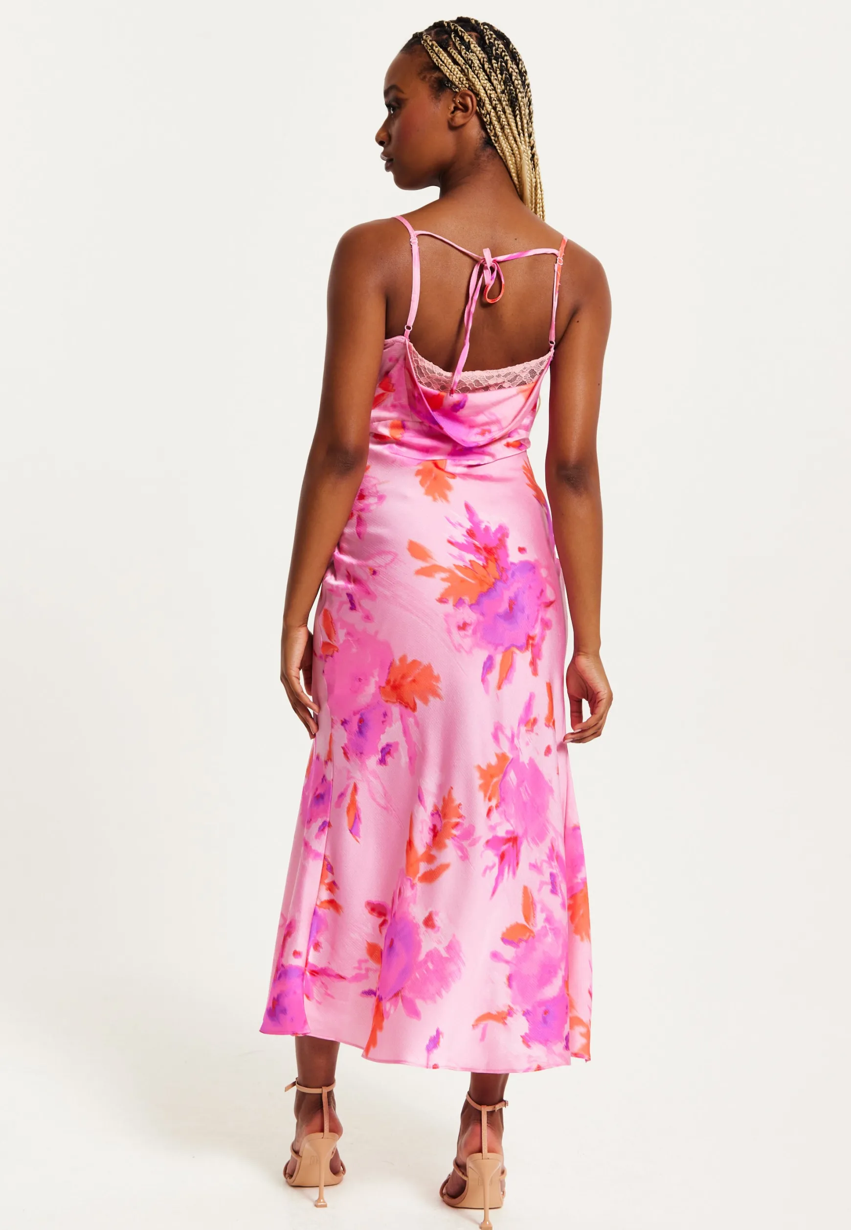 Women's Maxi Dress in Pink with Cowl Neck, Floral Print, Lace Detail, Front Slit, and Regular Fit by Liquorish