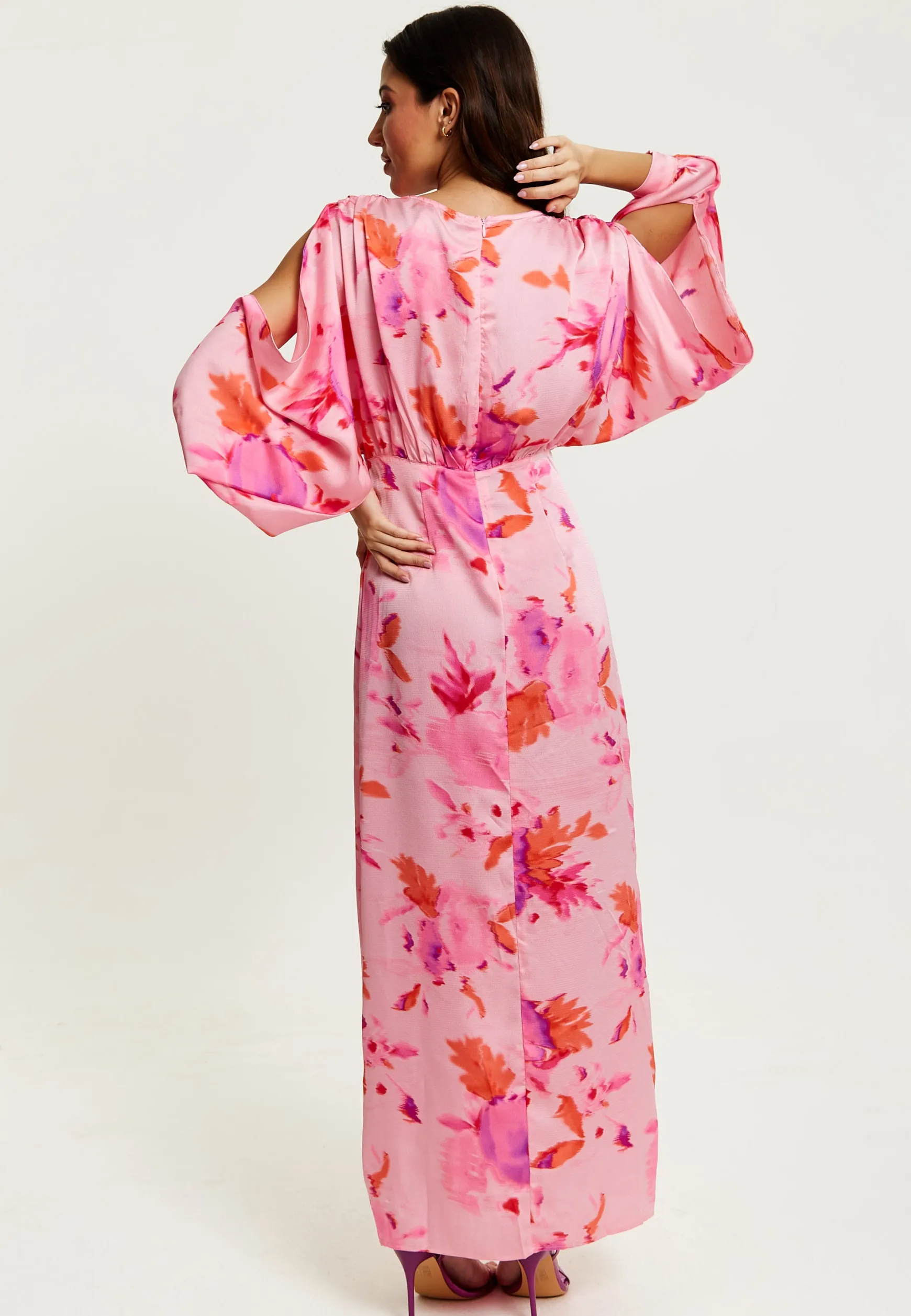 Women's Maxi Dress in Pink with Sleeve Slits and Floral Print, Elegant Design by Liquorish