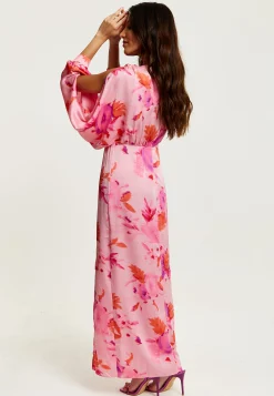 Women's Maxi Dress in Pink with Sleeve Slits and Floral Print, Elegant Design by Liquorish