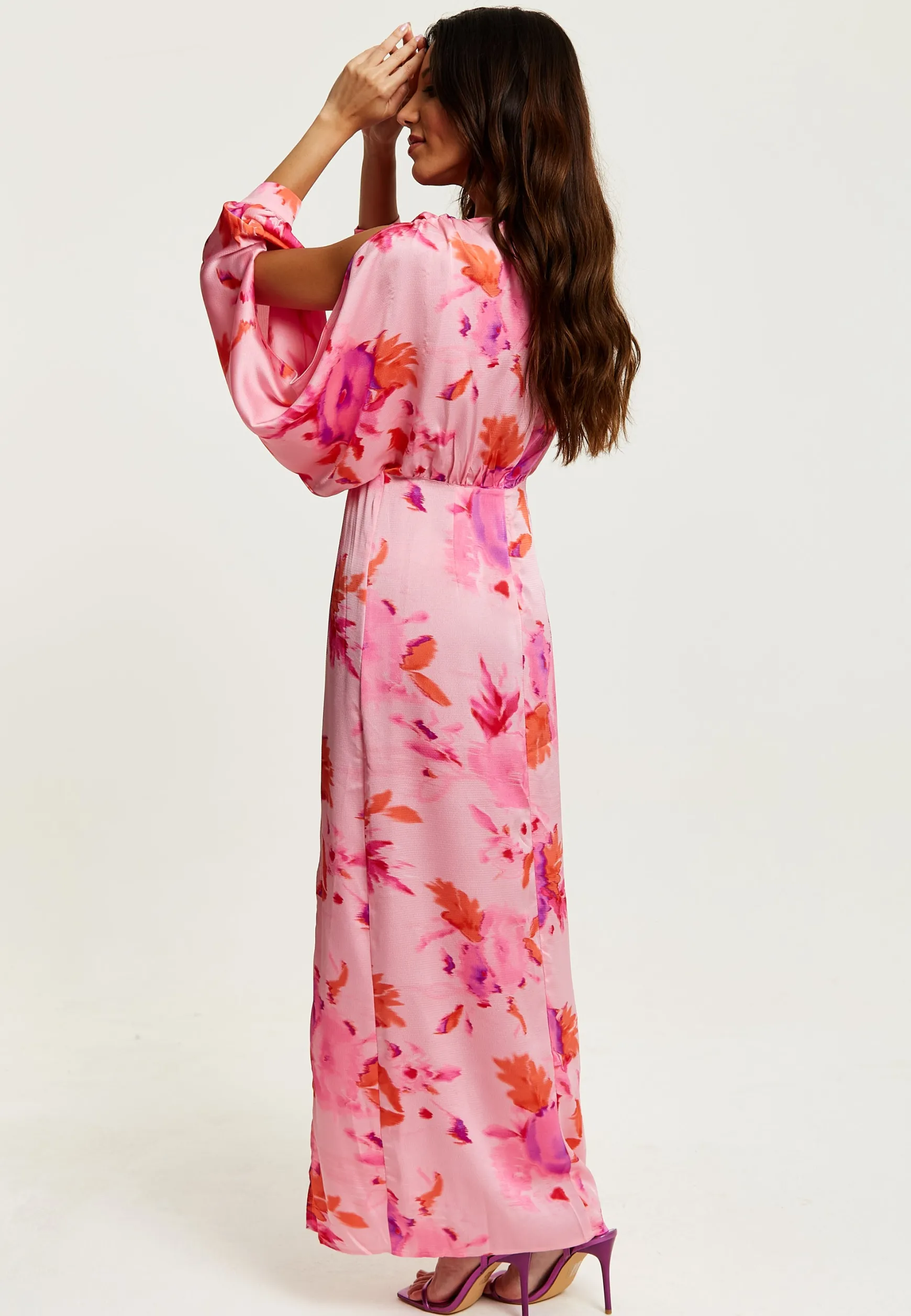 Women's Maxi Dress in Pink with Sleeve Slits and Floral Print, Elegant Design by Liquorish