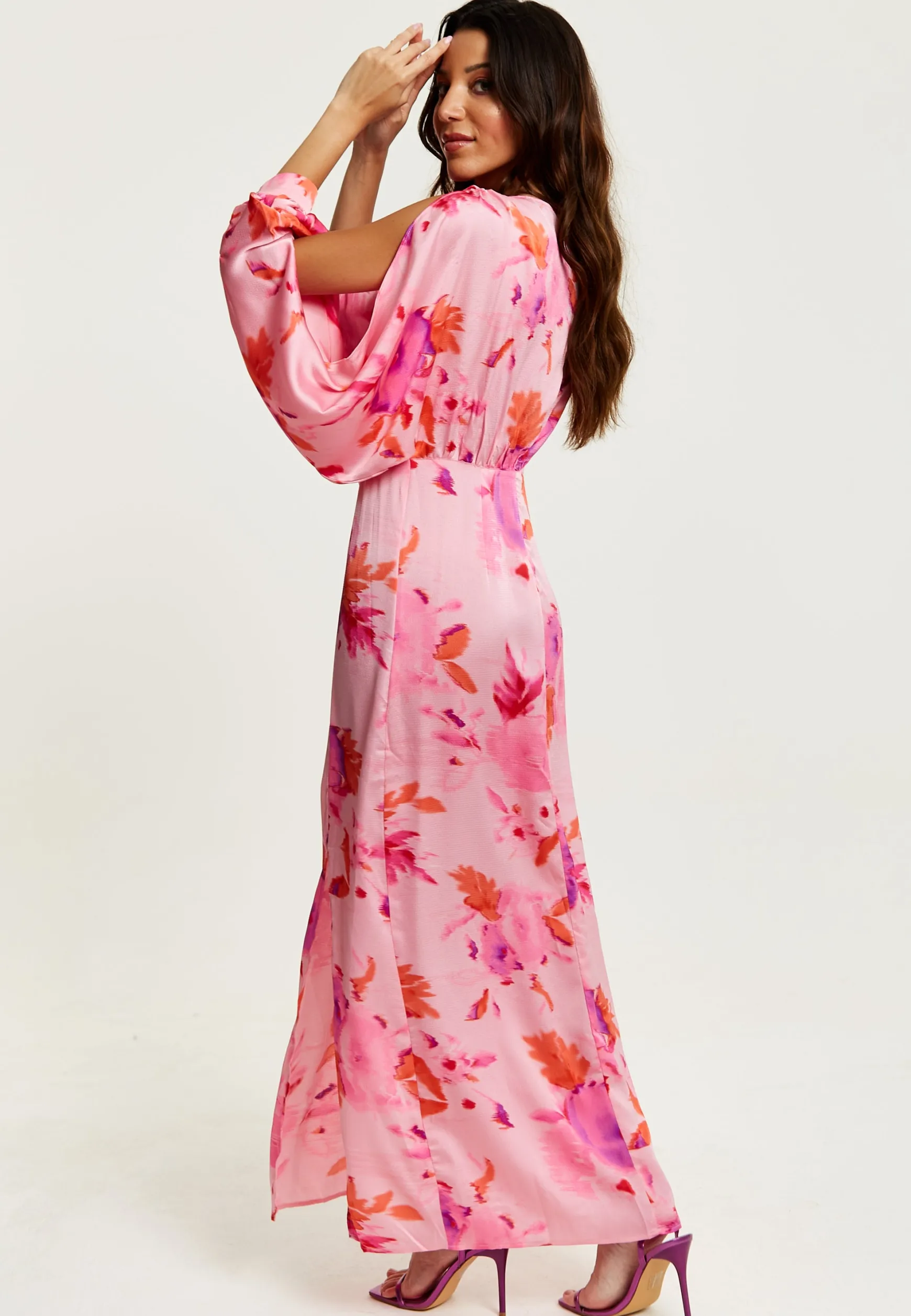 Women's Maxi Dress in Pink with Sleeve Slits and Floral Print, Elegant Design by Liquorish