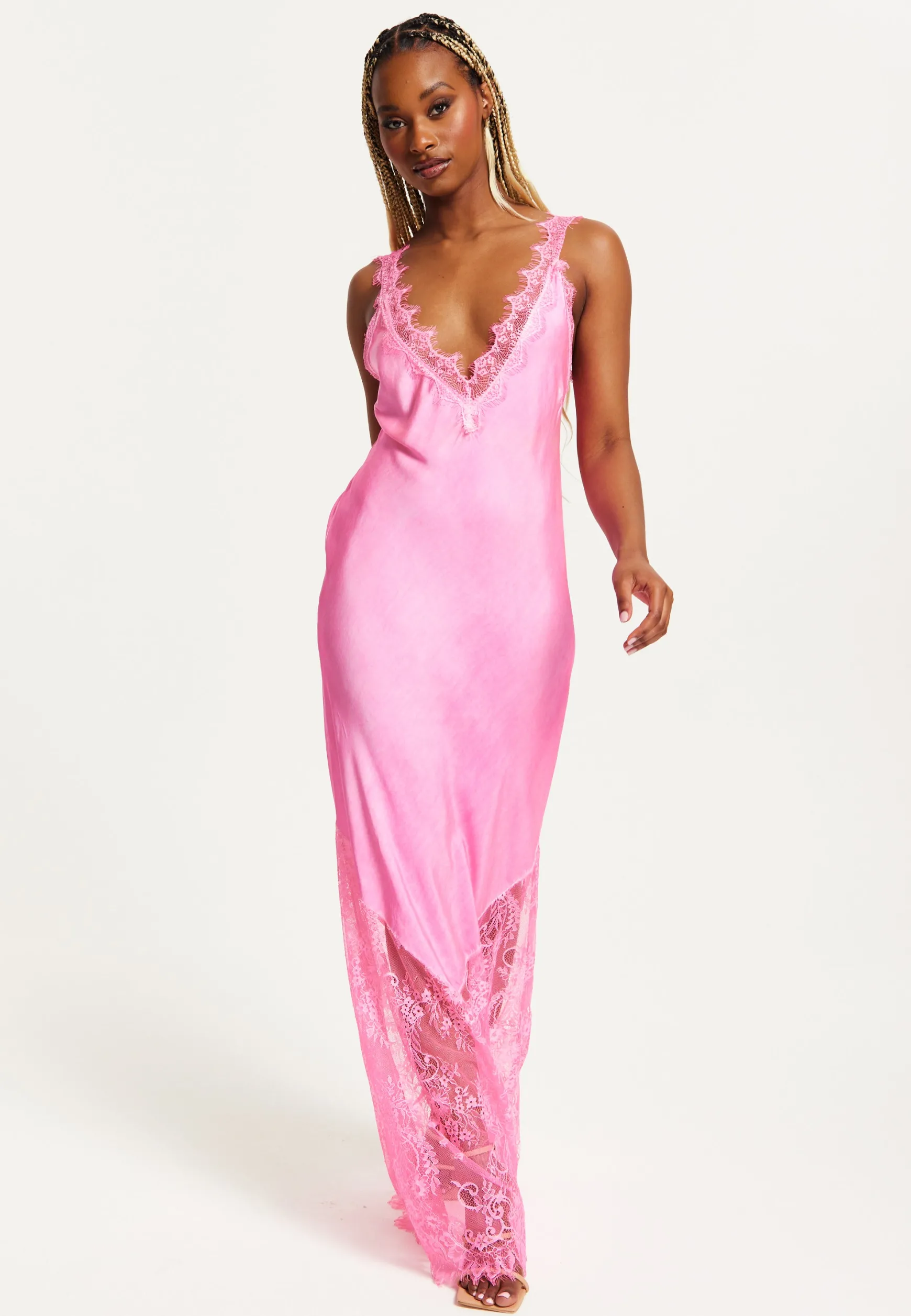 Women's Maxi Dress in Pink, Lace Detailed V-Neck, Sleeveless Design, Effortless Elegance by Liquorish