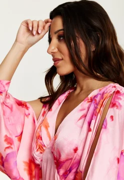 Women's Maxi Dress in Pink with Sleeve Slits and Floral Print, Elegant Design by Liquorish