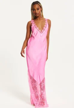 Women's Maxi Dress in Pink, Lace Detailed V-Neck, Sleeveless Design, Effortless Elegance by Liquorish