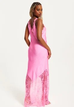 Women's Maxi Dress in Pink, Lace Detailed V-Neck, Sleeveless Design, Effortless Elegance by Liquorish
