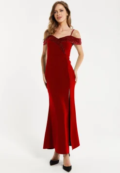 Women's Maxi Dress in Red with Off-Shoulder Design, Thigh-High Slit & Sequin Detail - Liquorish