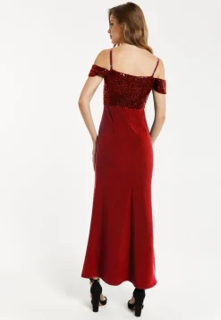 Women's Maxi Dress in Red with Off-Shoulder Design, Thigh-High Slit & Sequin Detail - Liquorish