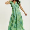 Women's Maxi Dress in Sage with V-Neck and Flouncy Sleeves - Liquorish