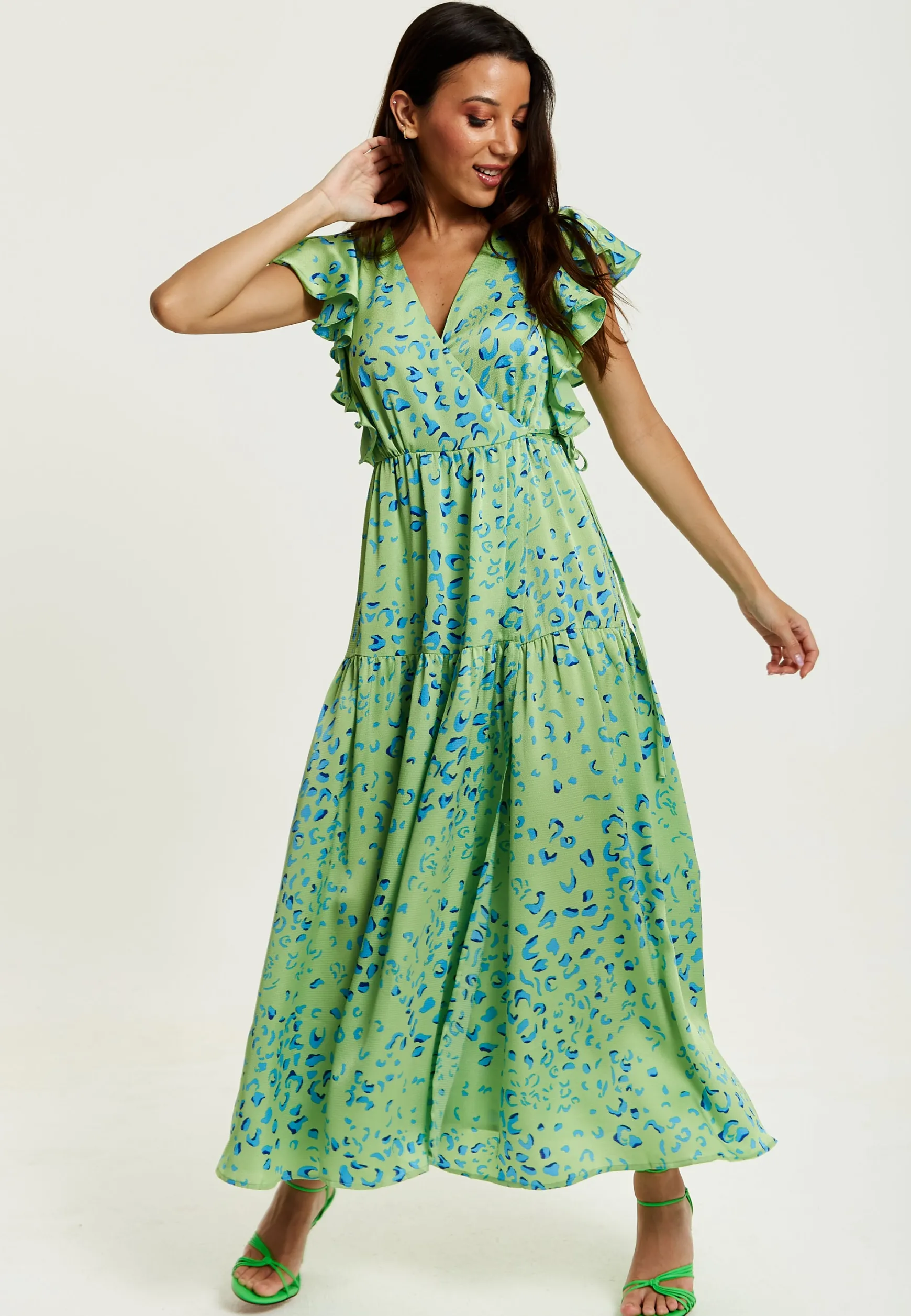 Women's Maxi Dress in Sage with V-Neck and Flouncy Sleeves - Liquorish